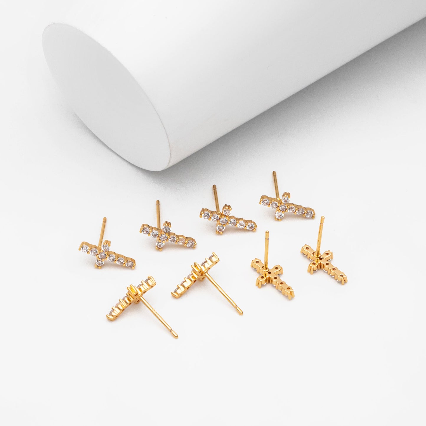 4pcs CZ Pave Gold Cross Ear Post 12x6mm, Gold Plated Brass Small Cross Stud Earring (#GB-3637-E)