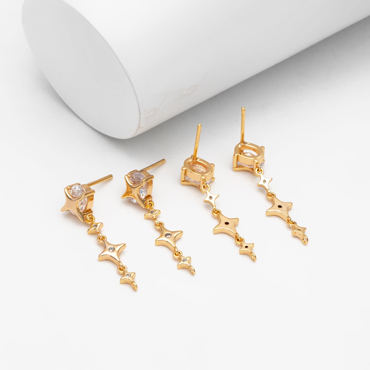 4pcs CZ Pave Gold Cross Star Dangle Earrings with Loop, Gold Plated Brass, Dainty Star Stud Earrings (GB-311-K)