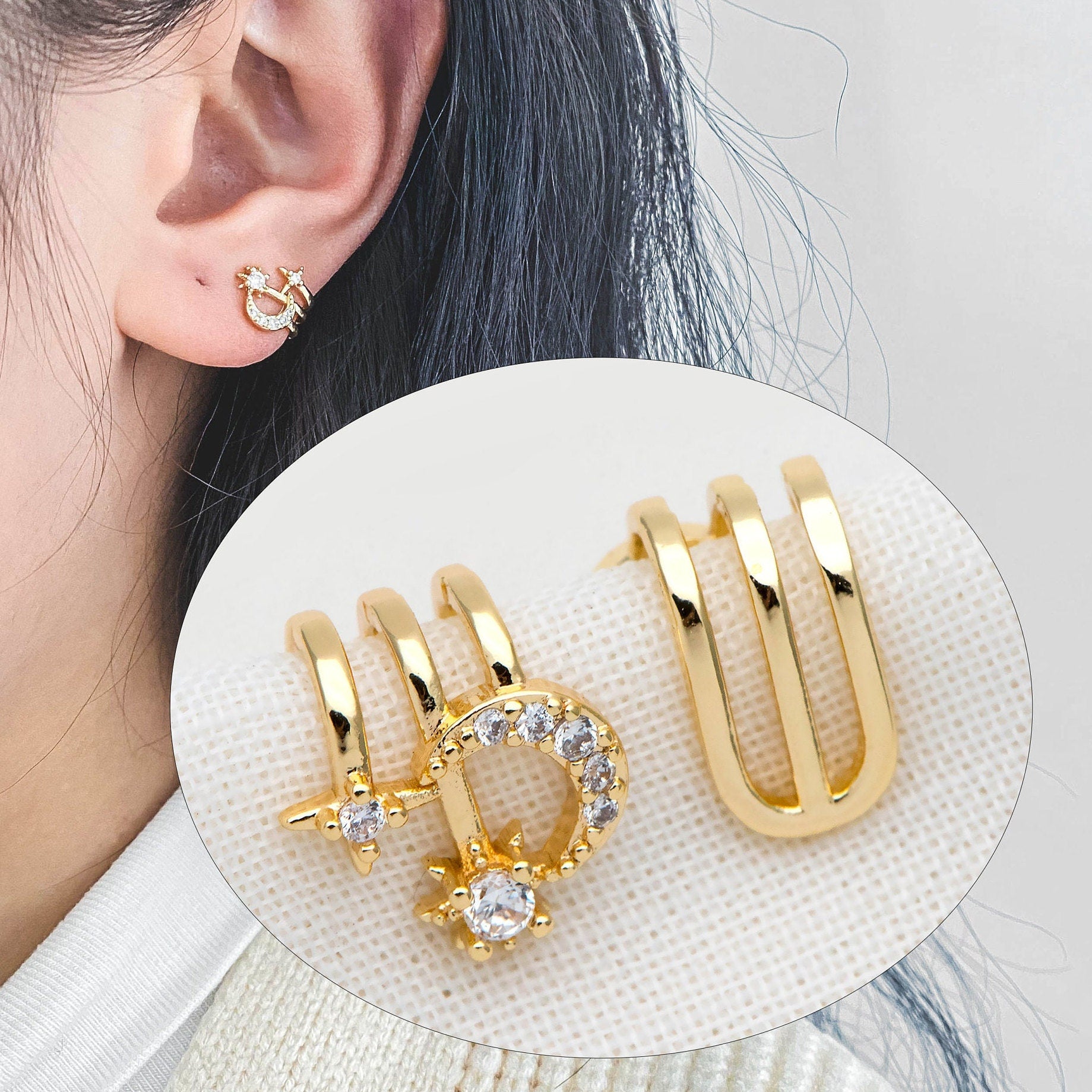 4pcs CZ Pave Moon and Star Ear Cuff, Cartilage, Dainty Earcuff Earring (GB-1335-A)