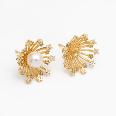 4pcs CZ Pave Star Fireworks Ear Posts, Pearl Earring Mounts, Half Drilled Pearls Earring Settings (GB-3580)