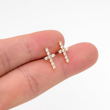 4pcs CZ Pave Gold Cross Ear Post 12x6mm, Gold Plated Brass Small Cross Stud Earring (#GB-3637-E)