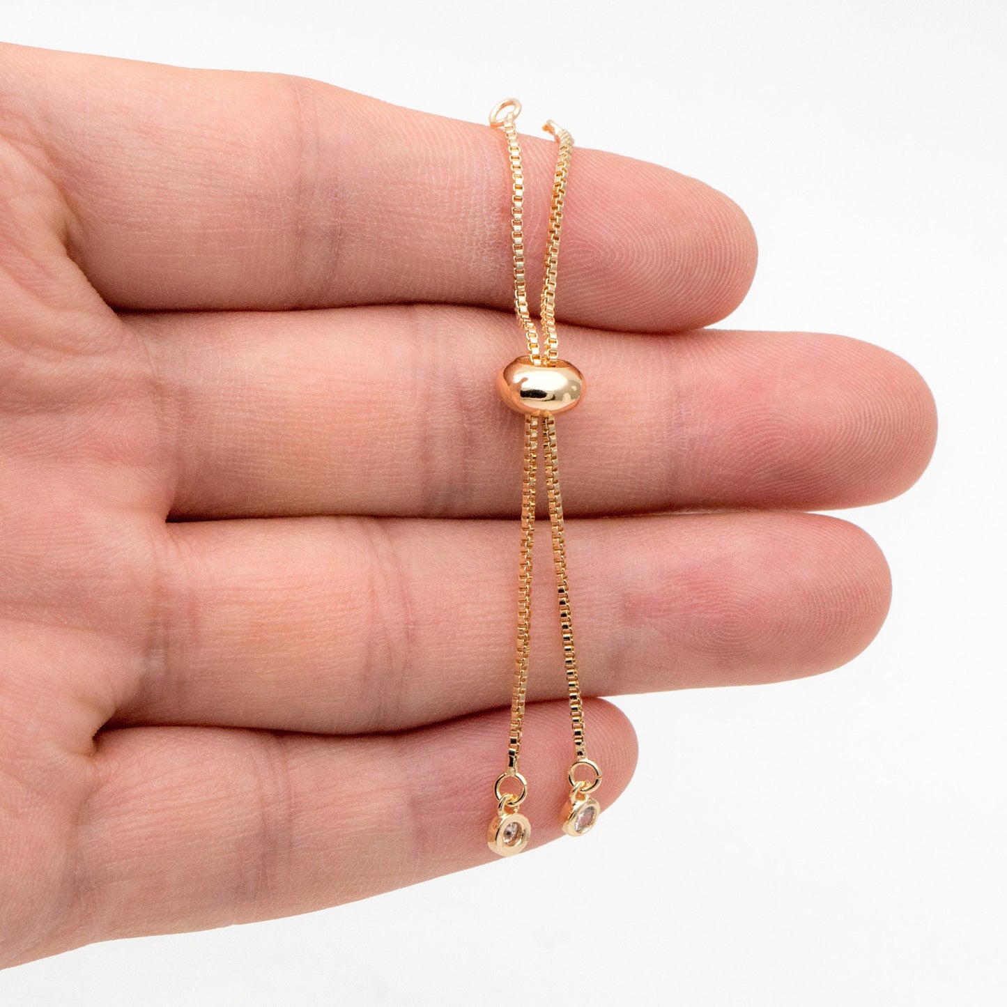 10pcs CZ Pave Gold/ Silver Sliding Adjustable Bracelet Making Chains, Half-finished Bracelet with Rubber Stopper Beads (GB-269-B)