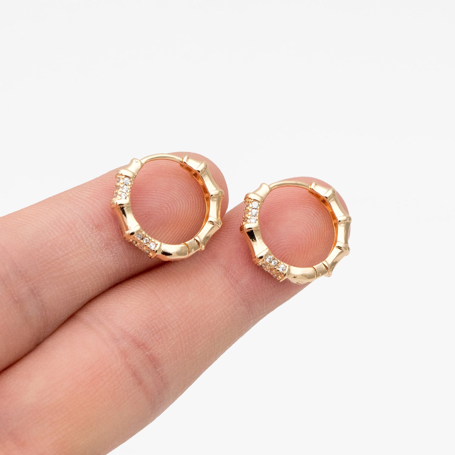 4pcs CZ Pave Gold Bamboo Hoop Earrings, Gold plated Brass, Dainty Bamboo Earrings, Gold Hoops (GB-3597)