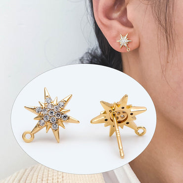 4pcs CZ Pave Hexagram Earrings, 13x10mm, Real Gold Plated Brass Star Stud Earrings (#GB-2783)