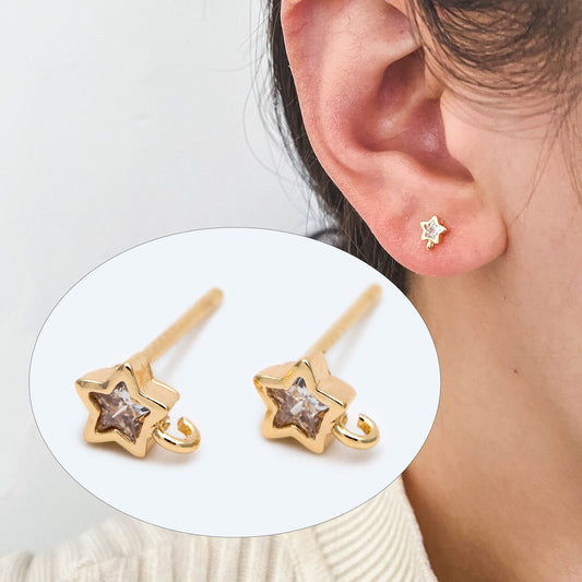 10pcs CZ Pave Star Ear Posts, Gold Plated Brass Stud Earrings, Jewelry Findings, Wholesale Supplies (GB-2143)