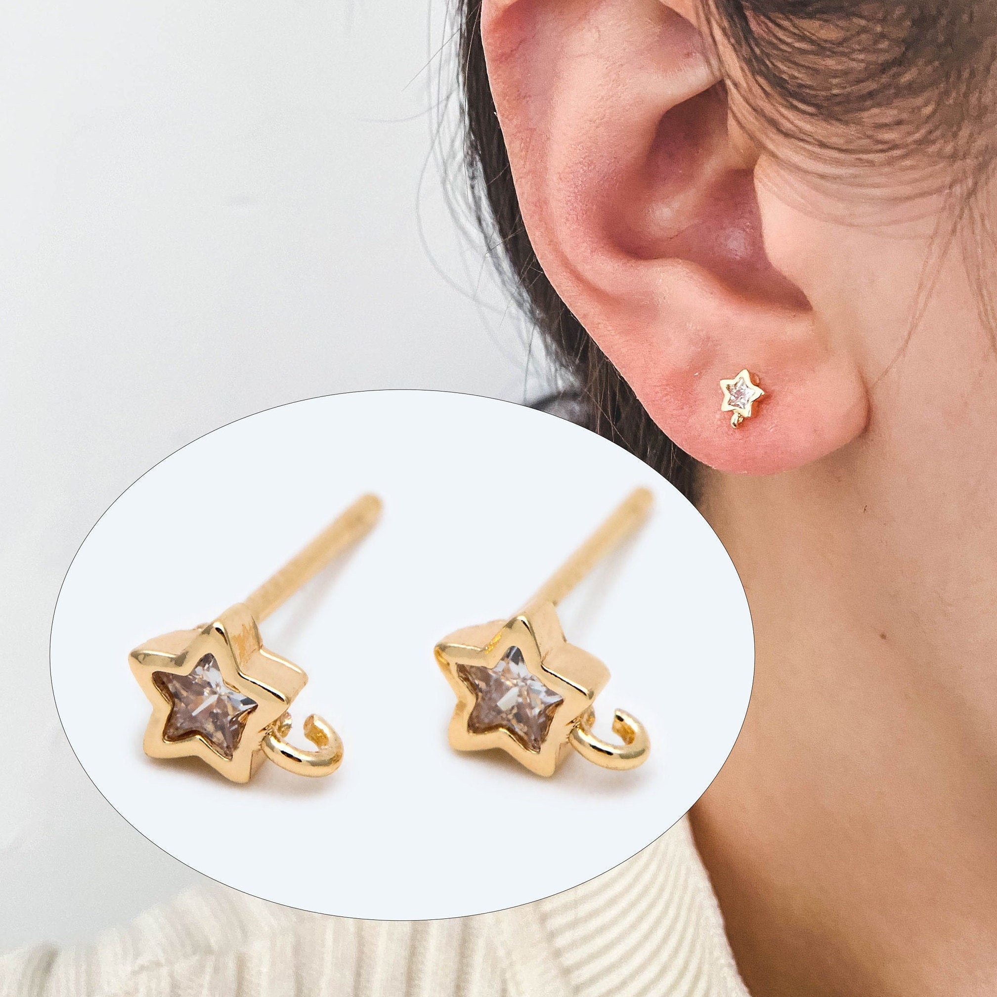 10pcs CZ Pave Star Ear Posts, Gold Plated Brass Stud Earrings, Jewelry Findings, Wholesale Supplies (GB-2143)