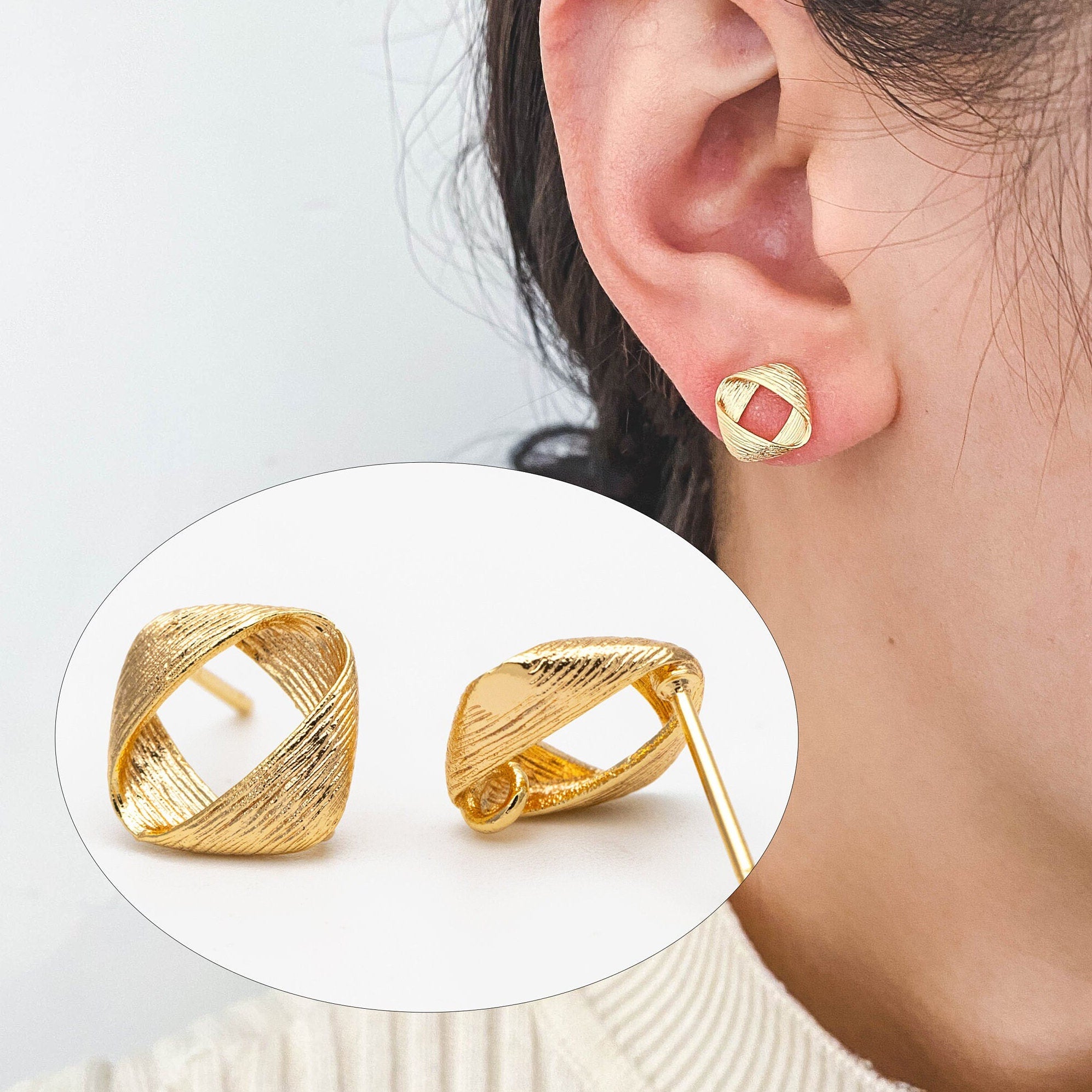10pcs Brushed Gold Square Ear Posts 11x9mm, Real Gold Plated Brass Geometric Earring Studs (GB-2162)