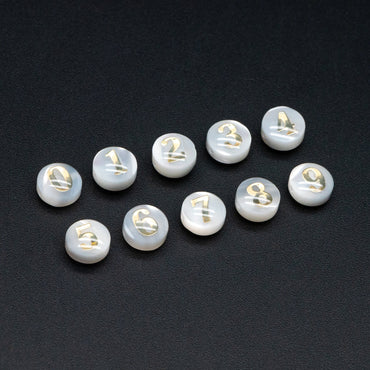 6mm Natural Shell with Gold Number Beads- Coin Puff Spacer - Double Sided Number (V1406)