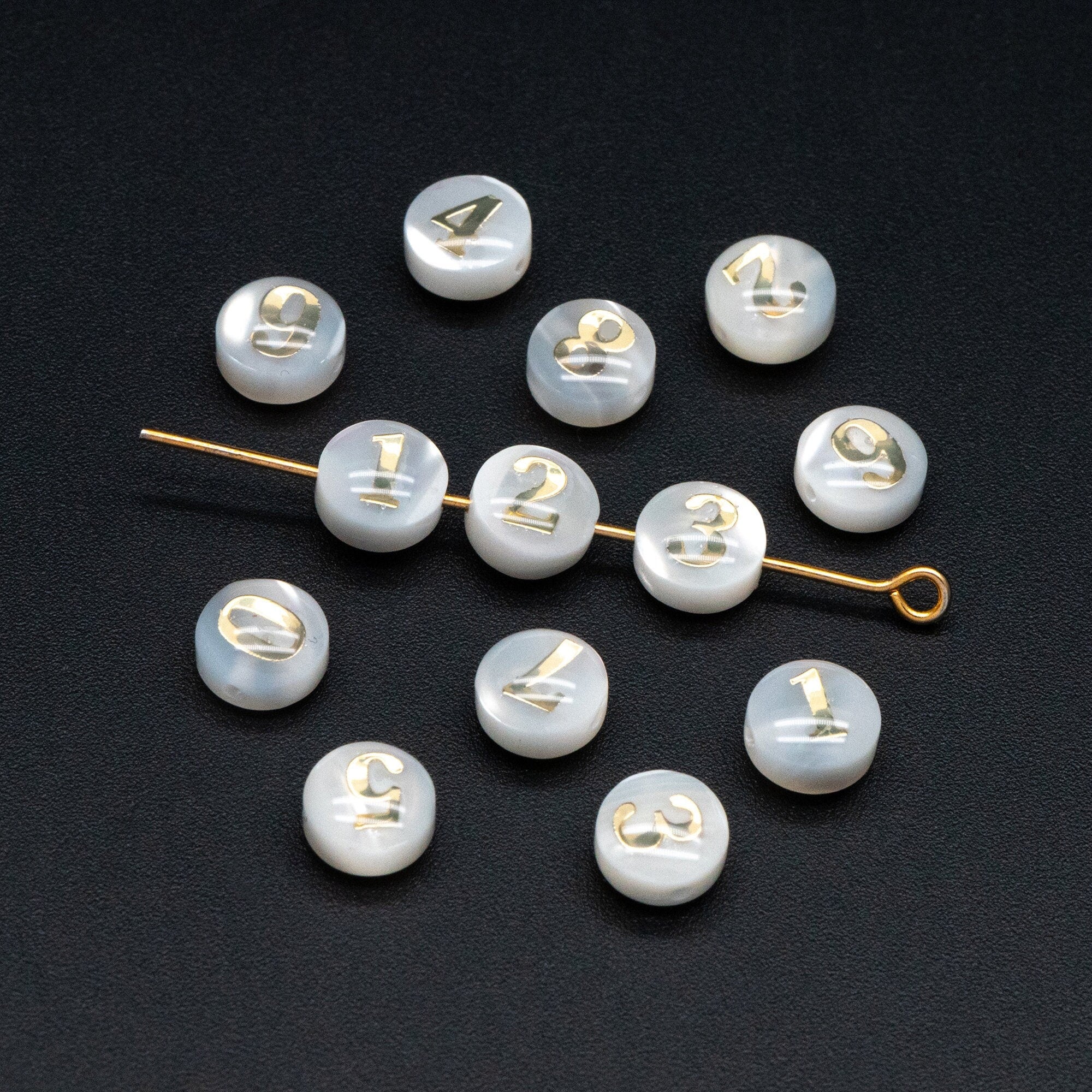 6mm Natural Shell with Gold Number Beads- Coin Puff Spacer - Double Sided Number (V1406)