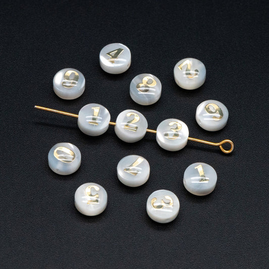 6mm Natural Shell with Gold Number Beads- Coin Puff Spacer - Double Sided Number (V1406)