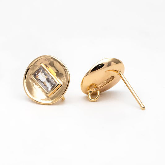 4pcs CZ Pave Gold Round Ear Posts 11mm, 18K Gold plated Brass, Stud Earring Components (GB-3603)