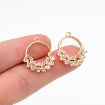 4pcs CZ Pave Gold Wreath Circle Charms 21x20mm, Real Gold plated Brass Leaf Pendants (GB-3626)