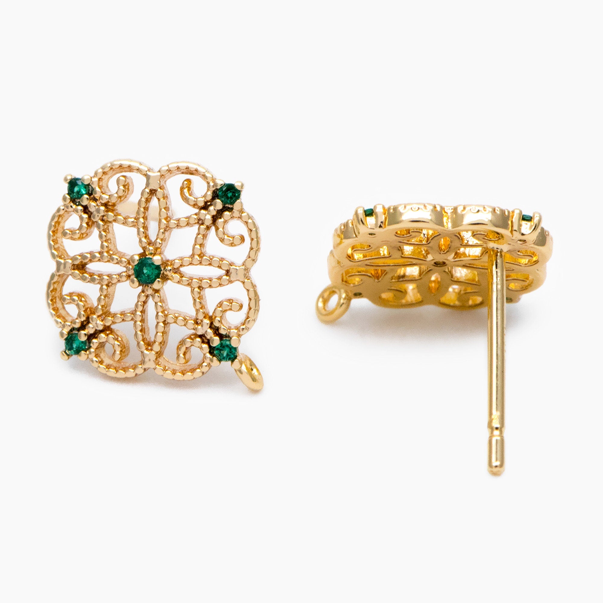 10pcs Emerald CZ Pave Filigree Flower Earring with Loop, 12mm, Real Gold Plated Brass Stud Earrings with Loop (#GB-384)