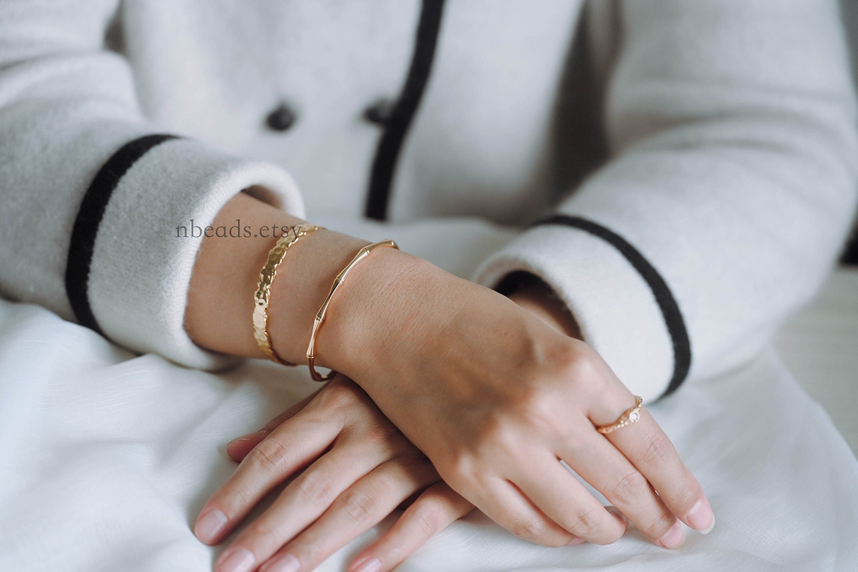 1pcs Gold Bamboo Cuff Bracelet, Stackable Bracelets, Adjustable Bangle Bracelet (#GB-2939)