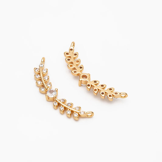 4pcs CZ Pave Gold/ Silver Leaf Charm Connector 26x9mm, Gold/ Rhodium plated Brass, Cubic Zirconia Setting Diy Supplies (#GB-3669-C)