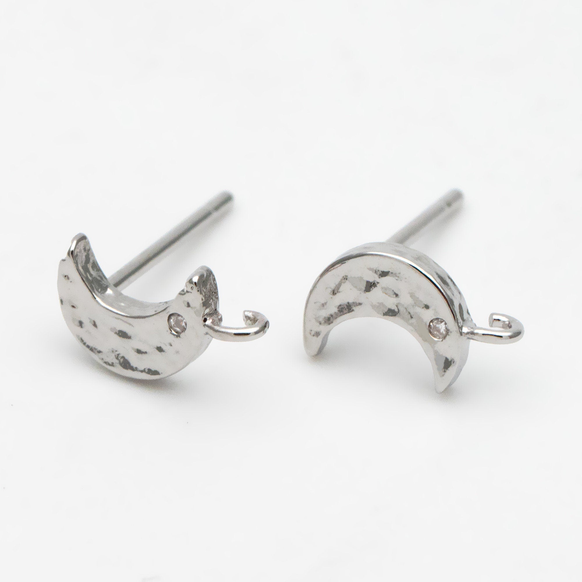 4pcs CZ Paved Moon Earring Post with Loop, 9mm, Real Gold/ Rhodium Plated Brass Stud Earrings (#GB-311-E)
