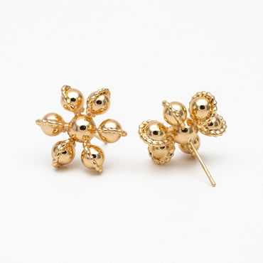 4pcs Gold Flower Ear Posts, Gold Plated Brass, Sphere Stud Earrings (GB-3692)