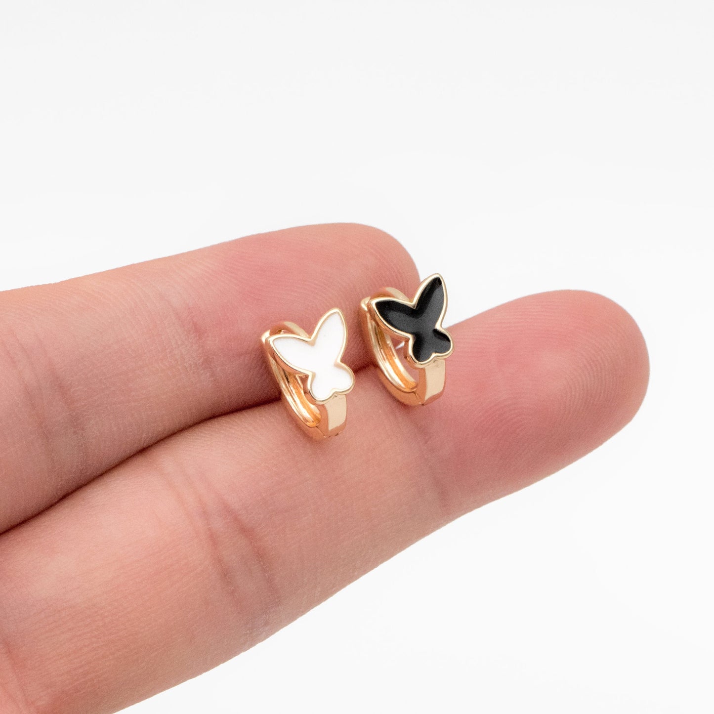 4pcs Gold Enamel Butterfly Hoop Earrings, 18K Gold plated Brass, Minimalist Huggie Earrings (GB-3839-B)