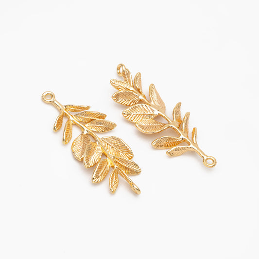 10pcs Gold Branch Charm Connectors 43x17mm, Real Gold plated Brass, Branch Pendants with Two Loops (GB-3622-F)
