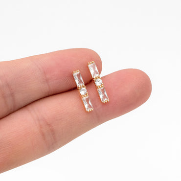 4pcs CZ Pave Rectangle Earring Studs, 18K Gold plated Brass Ear Posts, Geometric Earring Findings (#GB-3633-F)
