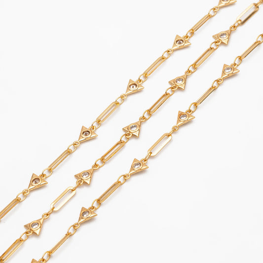 Gold CZ Pave Triangle Connector With Oval Hoop Chain, 18K Gold plated Brass Chain (#LK-589)/ 1 Meter=3.3 ft