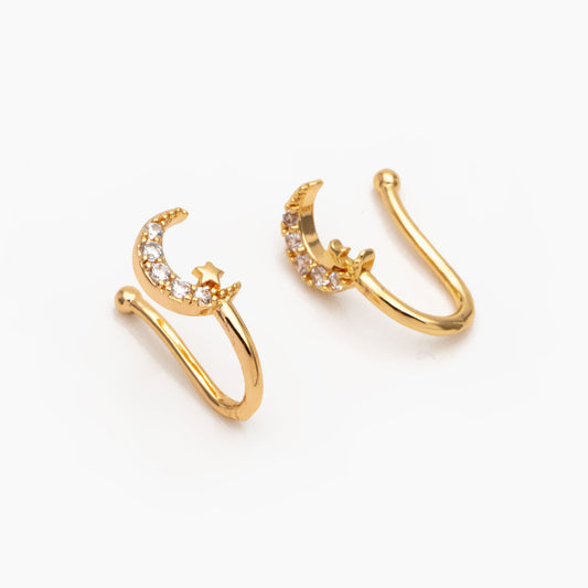 4pcs CZ Pave Moon And Star Nose Cuff, Non Piercing Nose Cuff, Gold plated Brass, Adjustable Fake Nose Rings, Dainty Nose Jewelry (GB-3709-F)