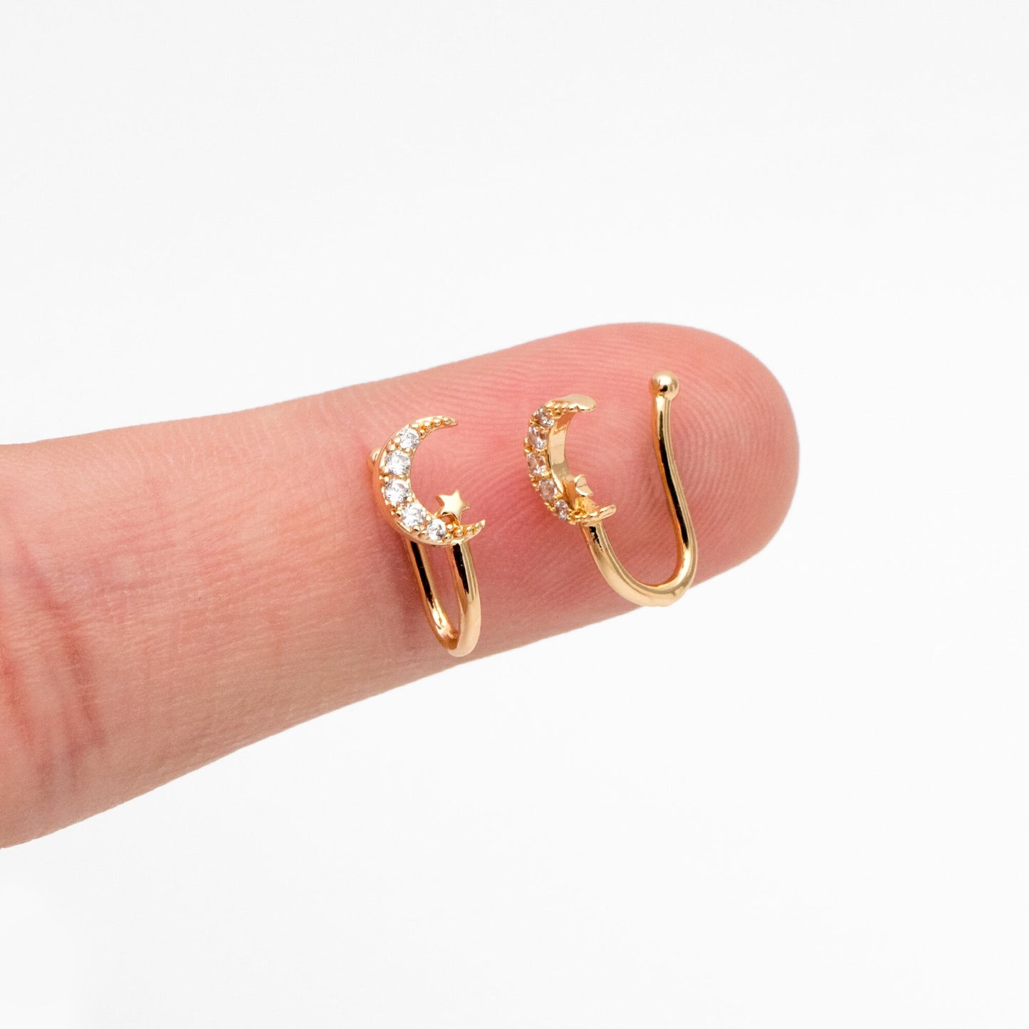 4pcs CZ Pave Moon And Star Nose Cuff, Non Piercing Nose Cuff, Gold plated Brass, Adjustable Fake Nose Rings, Dainty Nose Jewelry (GB-3709-F)