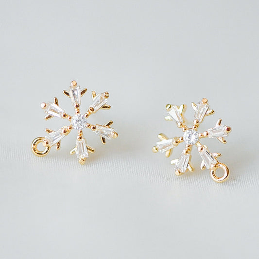 10pcs CZ Pave Snowflake Earring with Loop, 12mm, Real Gold Plated Brass Earrings, Sterling Silver Pin (GB-310)