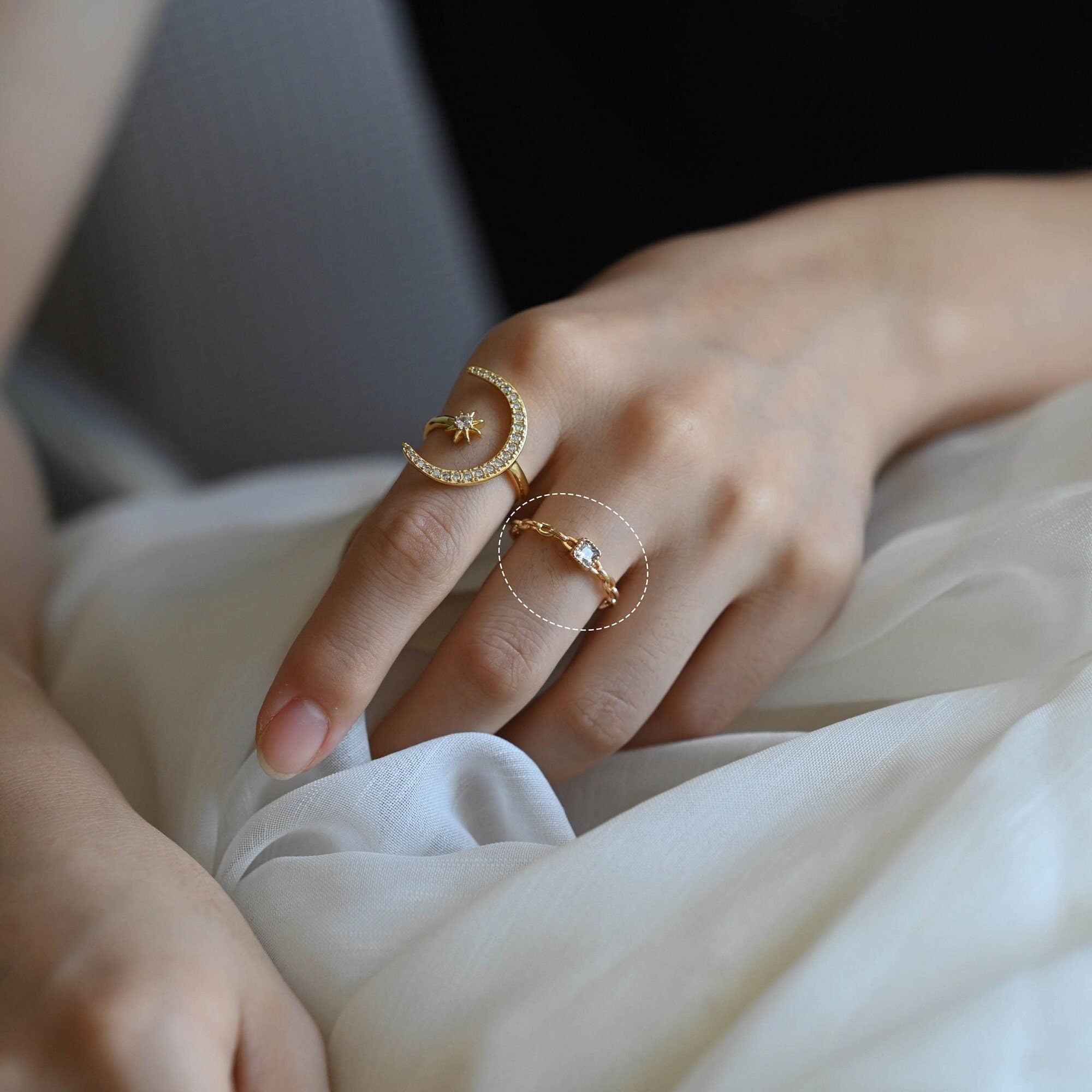 4pcs Gold CZ Pave Chain rings, Finger Ring, Everyday Ring, Fashion Rings, Dainty Rings, Adjustable Ring (#JZ-015-B)