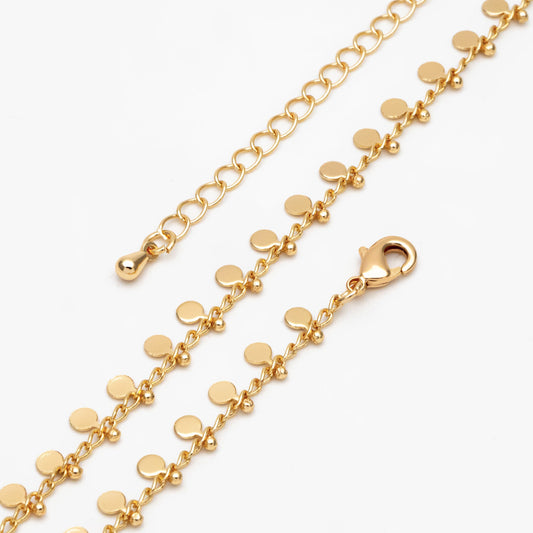 Gold/ Silver Disc Chain Bracelet/ Anklet/ Necklace, Gold/ Rhodium plated Brass, 16-18 inch with Extender Adjustable, Ready to Wear (#LK-431)