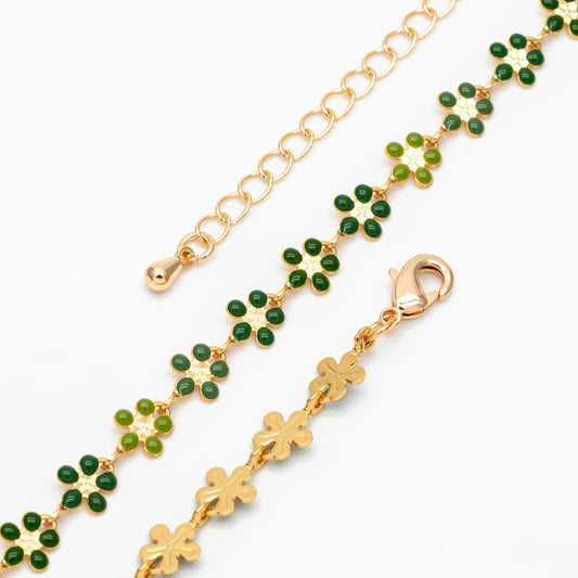 Green Enamel Flower Chain, 18K Gold plated, Adjustable Bracelet/ Anklet/ Necklace with Extender Chain, Ready to Wear (#LK-581-B)