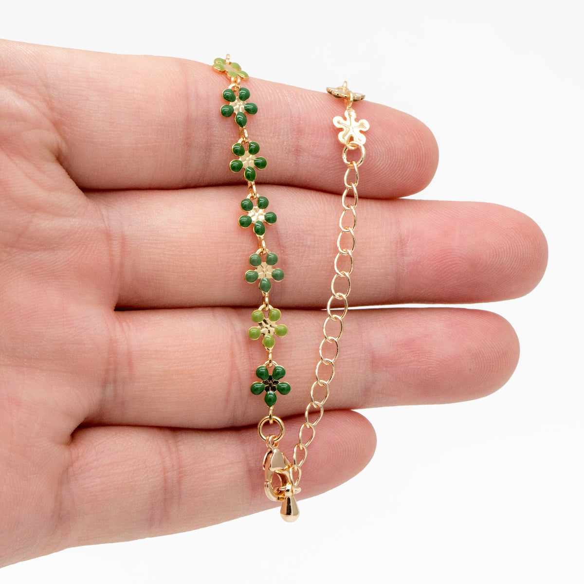Green Enamel Flower Chain, 18K Gold plated, Adjustable Bracelet/ Anklet/ Necklace with Extender Chain, Ready to Wear (#LK-581-B)