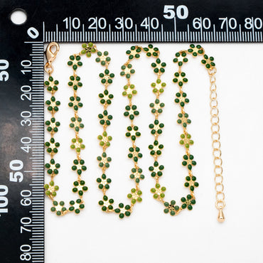Green Enamel Flower Chain, 18K Gold plated, Adjustable Bracelet/ Anklet/ Necklace with Extender Chain, Ready to Wear (#LK-581-B)
