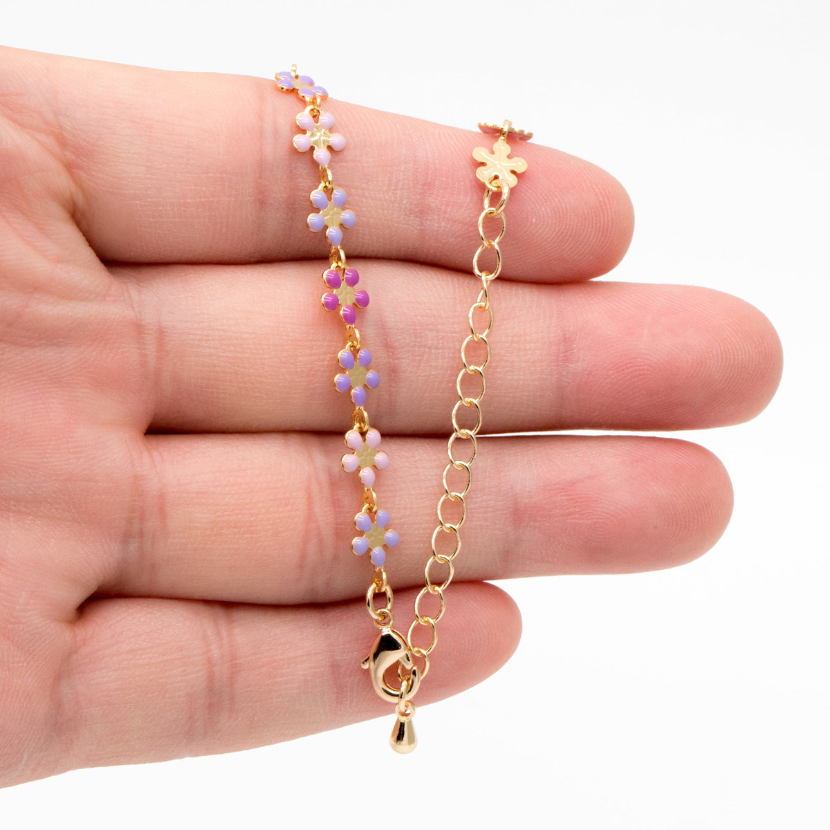 Gold plated Enamel Flower Chain, Finished Bracelet/ Anklet/ Necklace with Extender Chain, Ready to Wear (#LK-581-C)
