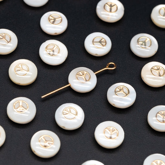 10pcs Natural Shell Peace Sign Beads, Peace Symbol Spacer 8mm, Gold Coin Beads, Double Sided (V1409)