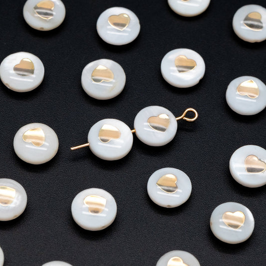 10pcs Natural Shell with Gold Heart Beads- 8mm Coin Spacer Beads- Double Sided (V1410)