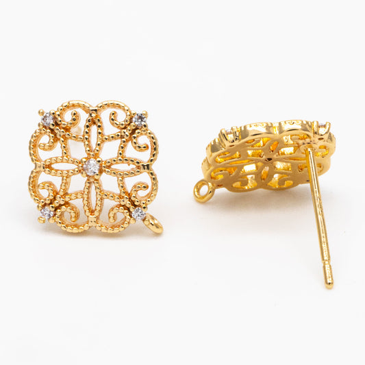 10pcs Emerald CZ Pave Filigree Flower Earring with Loop, 12mm, Real Gold Plated Brass Stud Earrings with Loop (#GB-384)