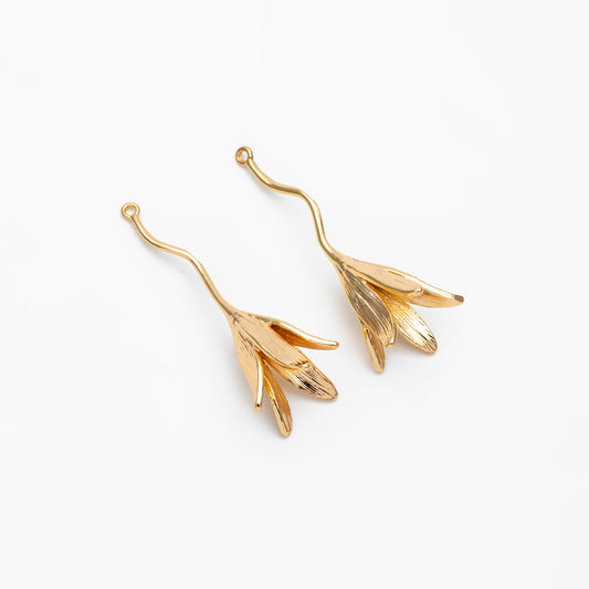 4pcs Gold/ Silver Flower Pendants 40x15mm, Real Gold/ Rhodium plated Brass Floral Charms (GB-954-C)