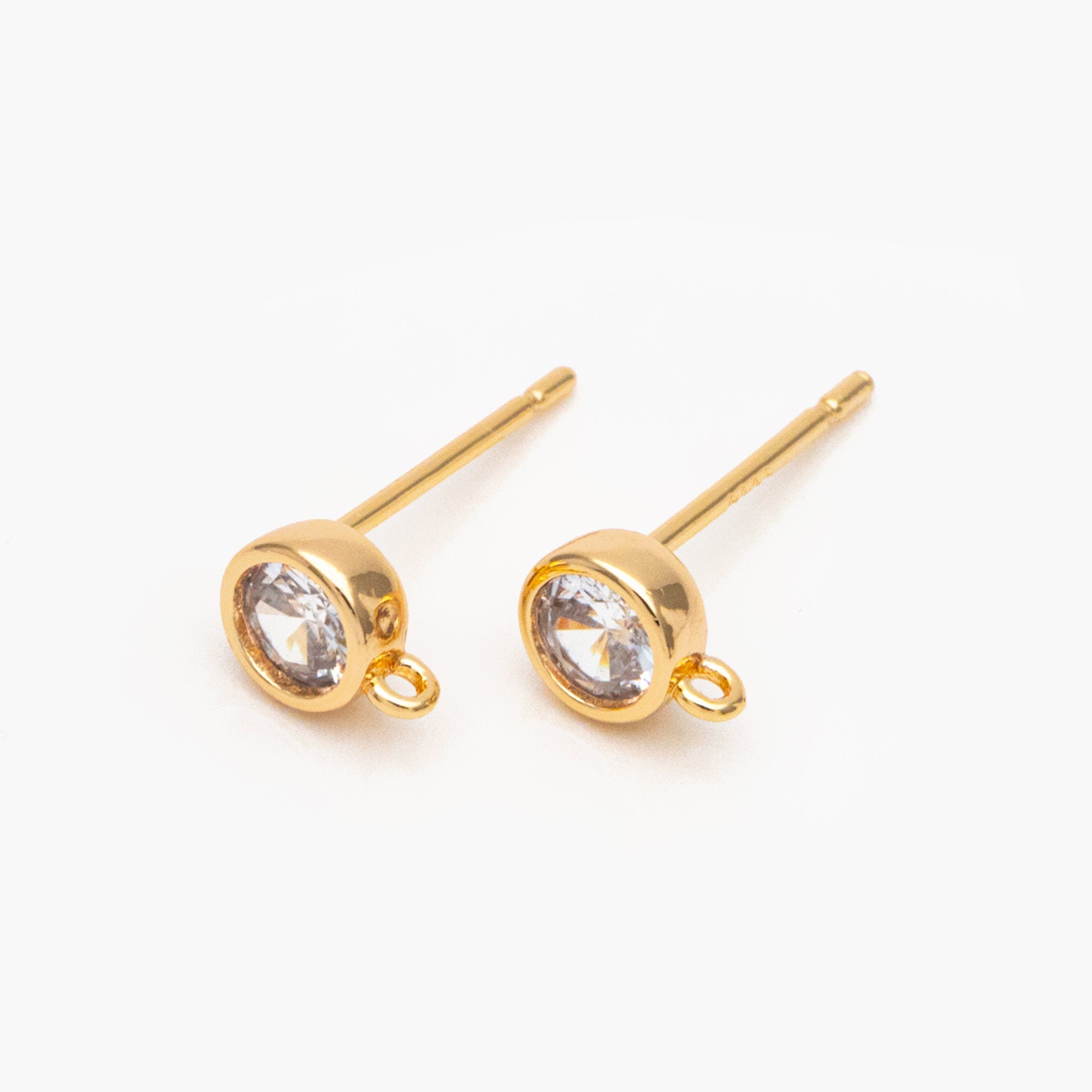10pcs CZ Pave Square/ Round Ear Posts with Loop, Gold Plated Brass Geometric Stud Earrings (#GB-3681)