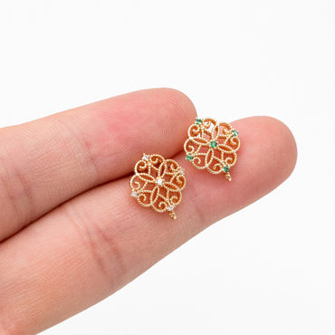 10pcs Emerald CZ Pave Filigree Flower Earring with Loop, 12mm, Real Gold Plated Brass Stud Earrings with Loop (#GB-384)