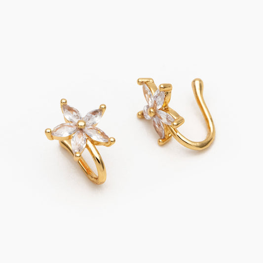 4pcs CZ Pave Gold Flower Nose Cuff, Non Piercing Nose Cuff, Gold plated Brass, Adjustable Fake Nose Rings, Dainty Nose Jewelry (GB-3709-H)