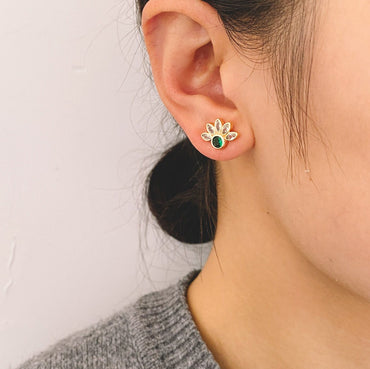 4pcs CZ Pave Gold Emerald Flower Earrings 14x10mm, Gold Plated Brass Flower Stud Earrings (GB-3128)