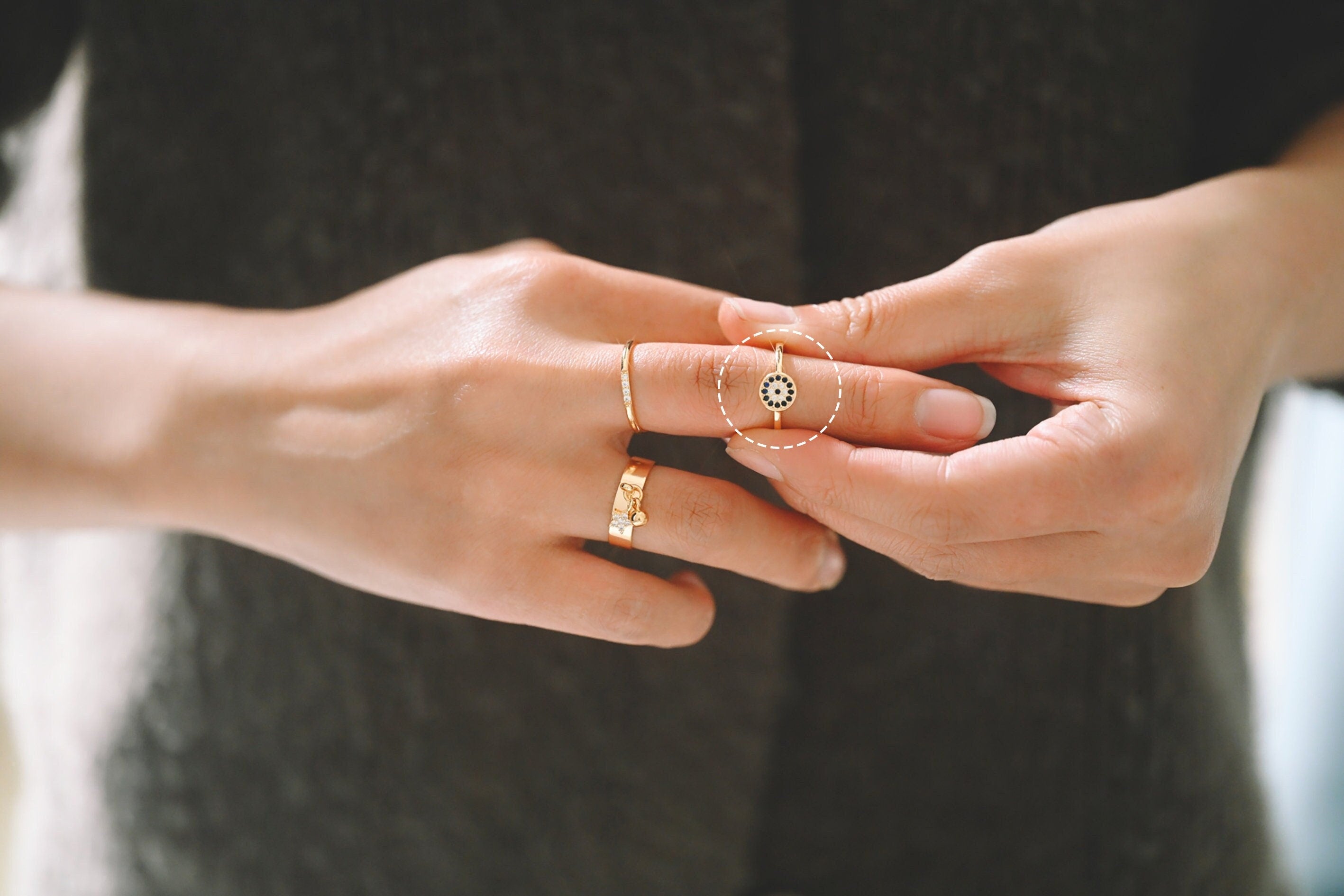 4pcs Gold Evil Eye Ring, CZ Round Ring, Dainty Stackable Ring, Protection Ring for Women (#JZ-026-A)