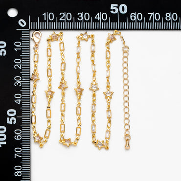 Gold CZ pave Rectangle and Star Bezel Connector Chain, Finished Bracelet/ Anklet/ Necklace with Extender, Ready to Wear (#LK-559)