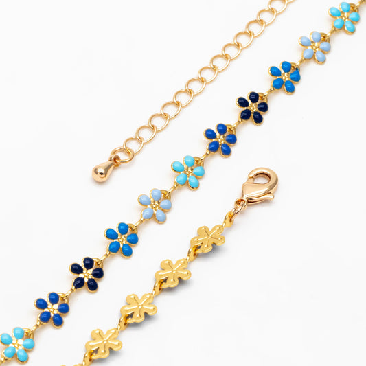 Gold plated Enamel Flower Chain, Finished Bracelet/ Anklet/ Necklace with Extender Chain, 16-18 inch Adjustable, Ready to Wear (#LK-581-1)
