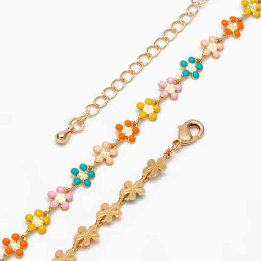 Enamel Flower Chain, Adjustable Bracelet/ Anklet/ Necklace with Extender Chain, Ready to Wear (#LK-581-F)