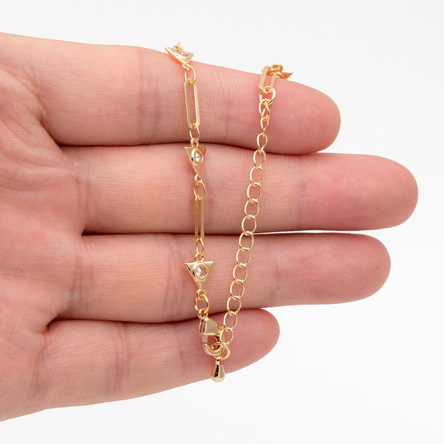 Gold CZ Pave Triangle Connector With Oval Hoop Chain, Adjustable Bracelet/ Anklet/ Necklace with Extender, Ready to Wear (#LK-589)