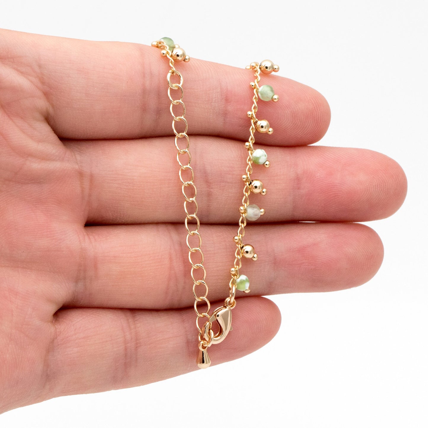 Beaded Bracelet/ Anklet/ Necklace with Extender, Green Gemstone Bead Chain, 18K Gold plated Brass, Adjustable Ready to Wear (#LK-456)