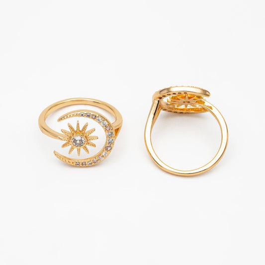 4pcs CZ Pave Gold Sun and Moon Ring, Celestial Ring, Dainty Rings, Adjustable Ring, Open Band Statement Ring (#JZ-024-B)