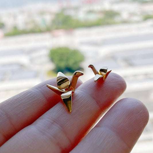 10pcs Origami Paper Crane Charms, Real Gold plated Brass Bird Beads 14/24mm, with A Hole Drilled Through (GB-072)